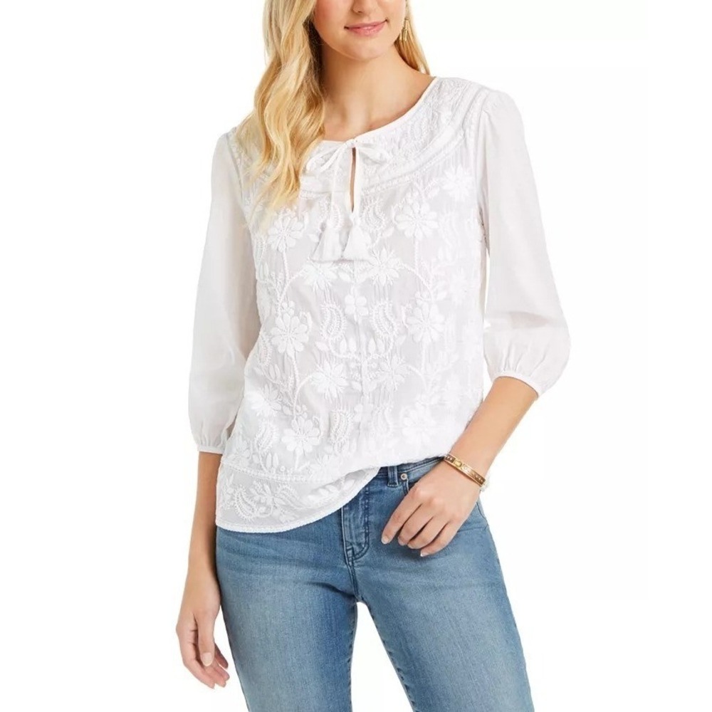Style & Co Peasant Top Large White Sheer Embroidered Boho Cottage Lightweight‎